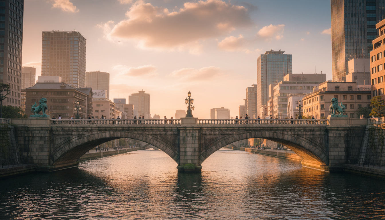 日本橋の歴史的な橋と周辺の風景