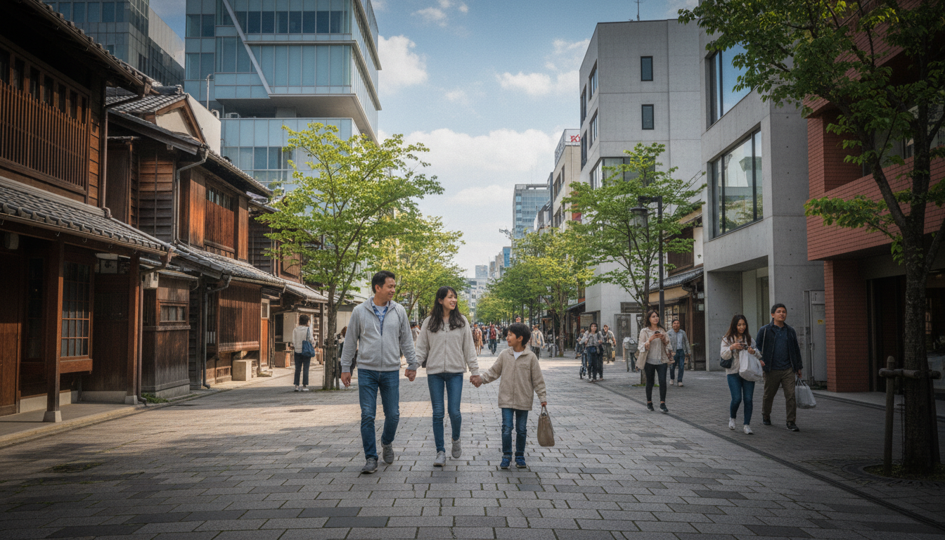 日本橋エリアの街並みと家族連れ