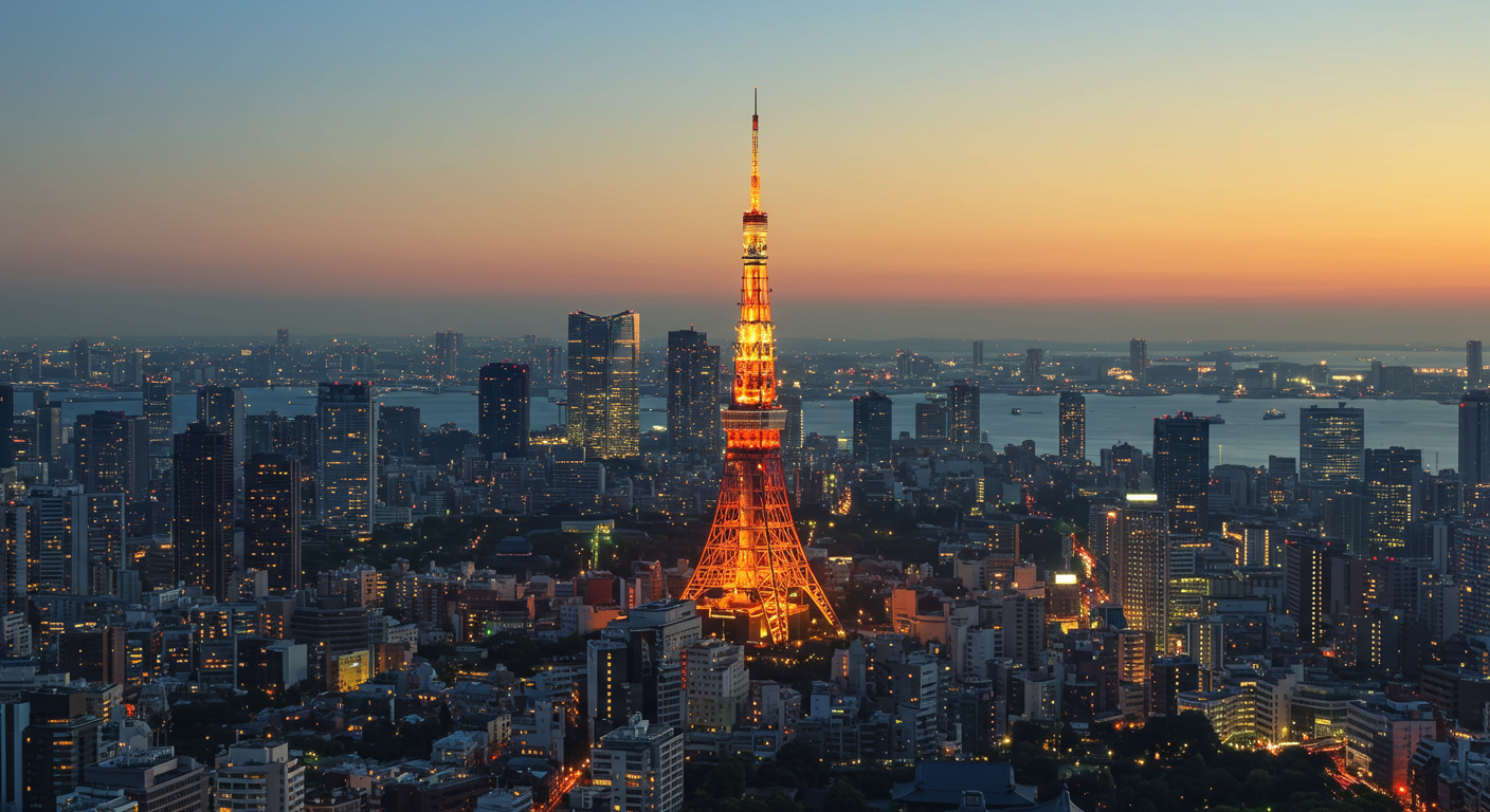 港区の夕暮れ時の街並みと東京タワー