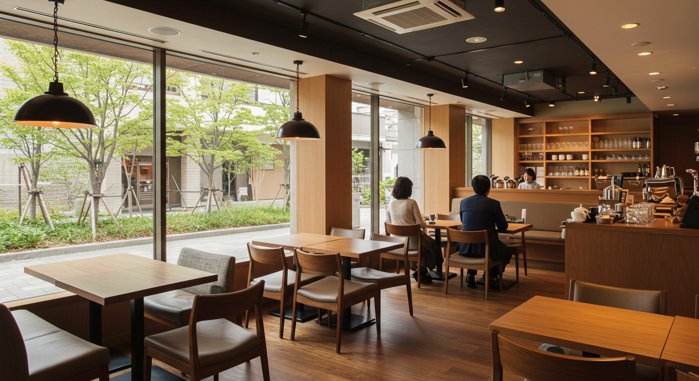 港区の洗練されたカフェでくつろぐカップル