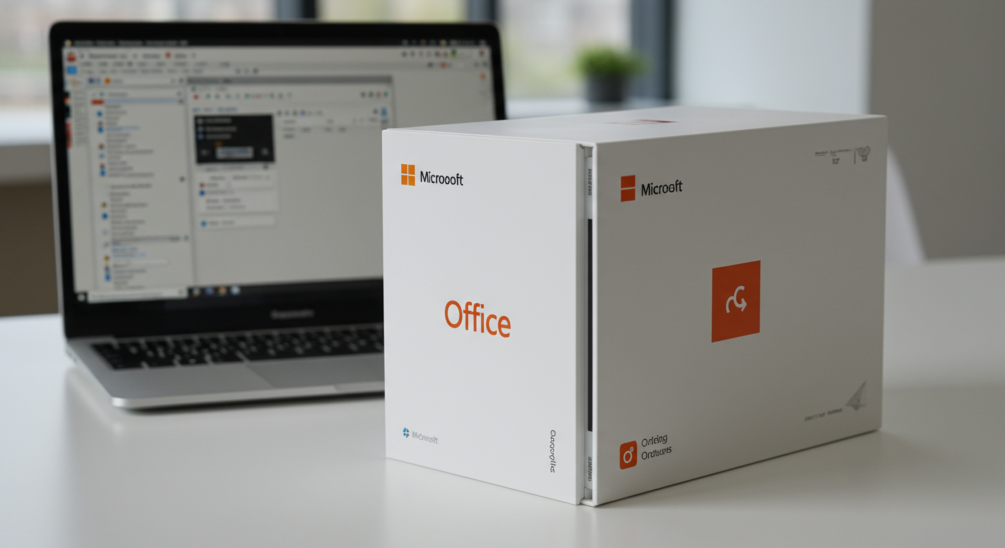 デスクに置かれたOfficeソフト2025年版パッケージと開かれたノートパソコン