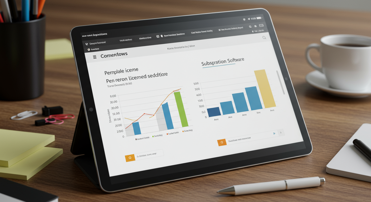 買い切り型とサブスク型Officeの特徴比較表が表示されたタブレット画面