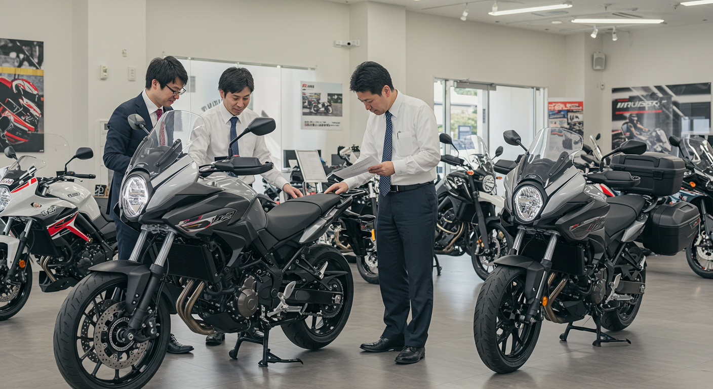 複数のバイク買取業者が査定している様子