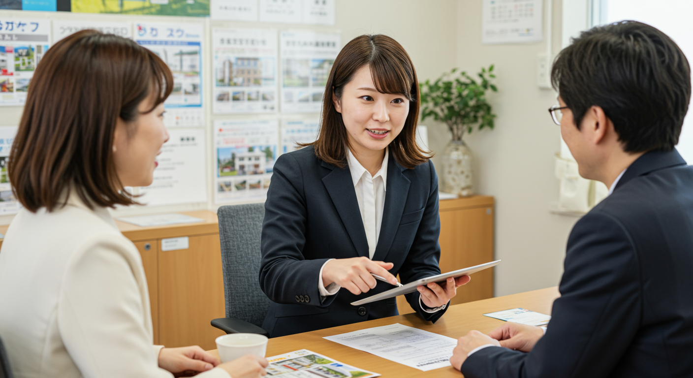 女性の賃貸仲介営業マンが活躍している様子