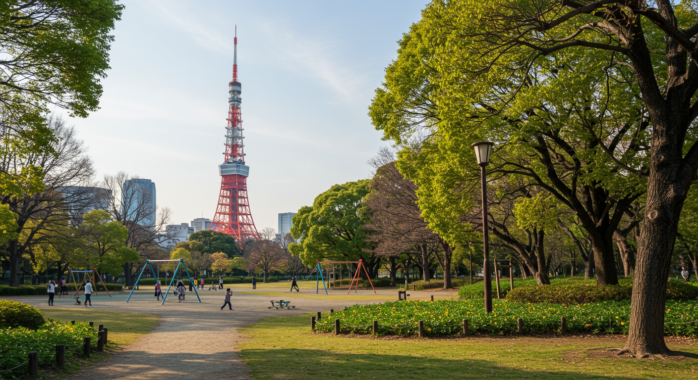 芝公園と子どもたちの遊ぶ様子