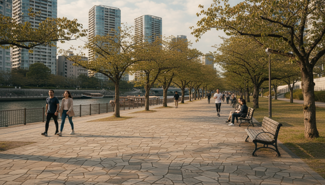 佃エリアの水辺の風景と隅田川沿いの遊歩道