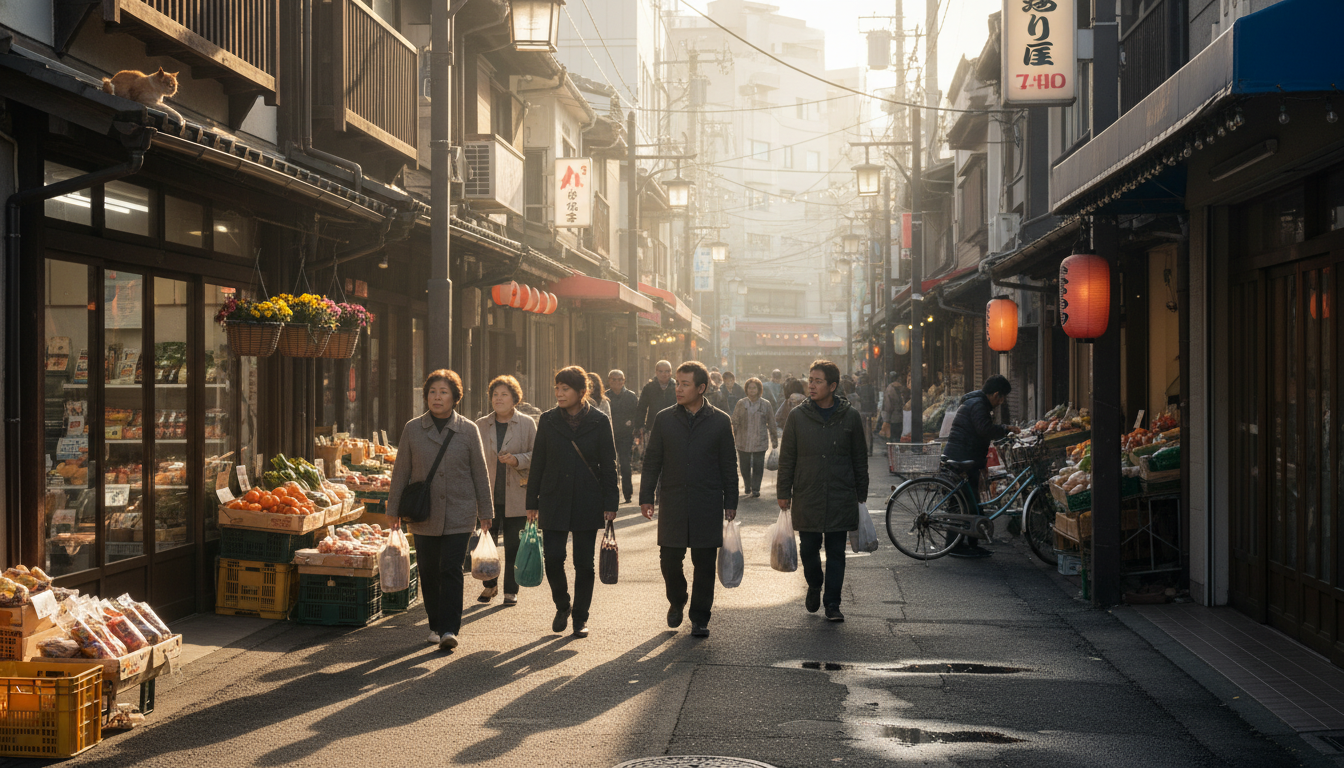 佃エリアのスーパーマーケットと商店街の様子