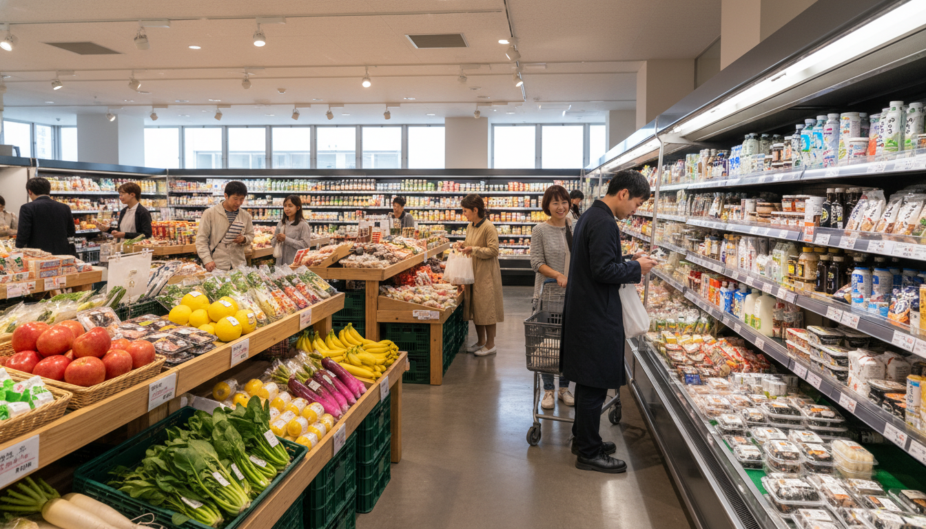 佃エリアのスーパーマーケットと商店街での買い物風景