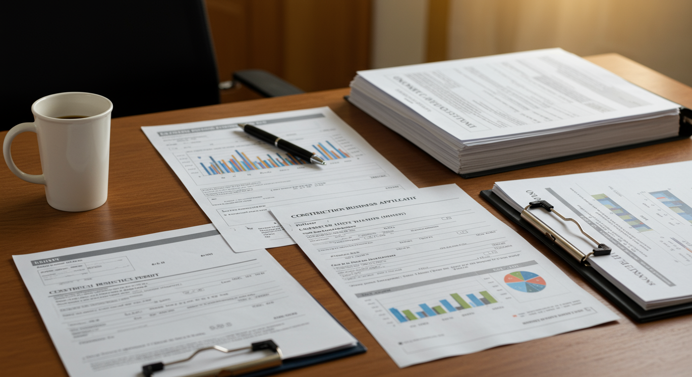 建設業許可申請に必要な書類と資料が整理されたデスク