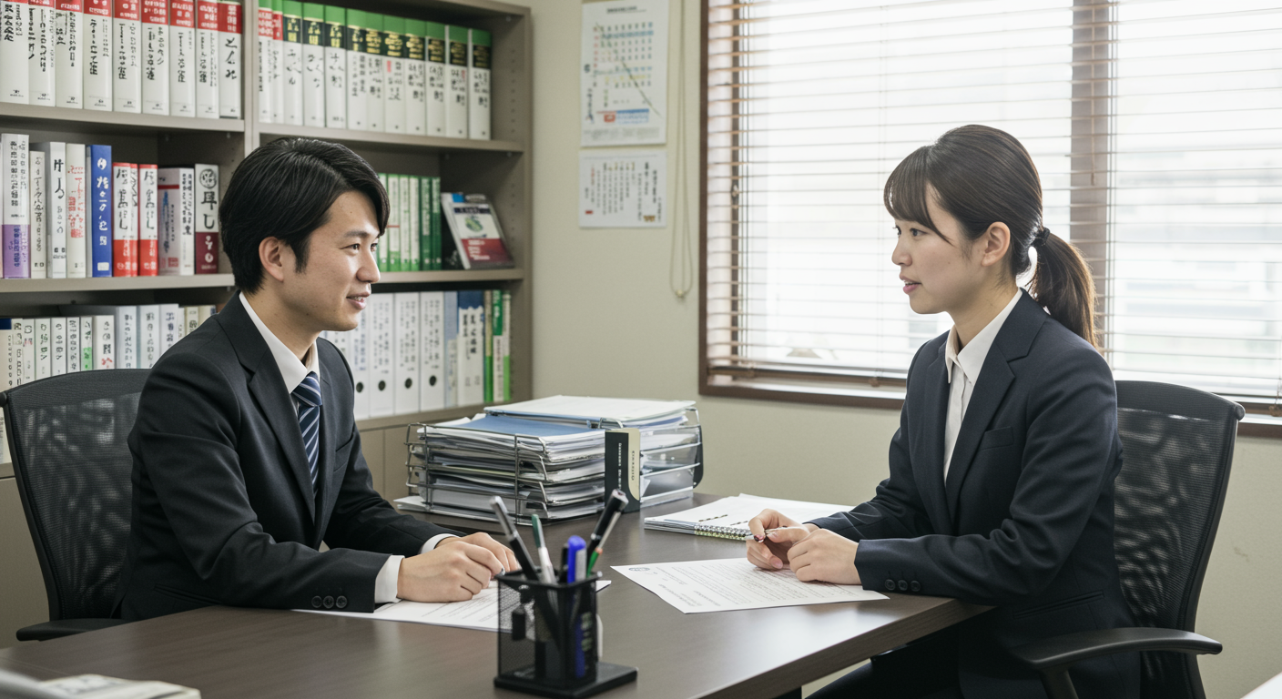 行政書士と相談者が許認可申請について話し合っている様子