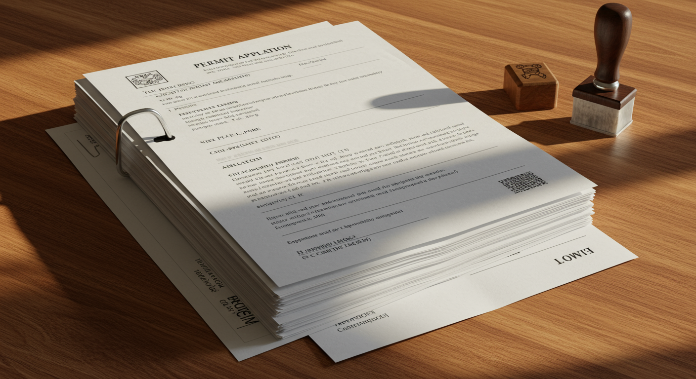 許認可申請書類が整理されたファイルと印鑑