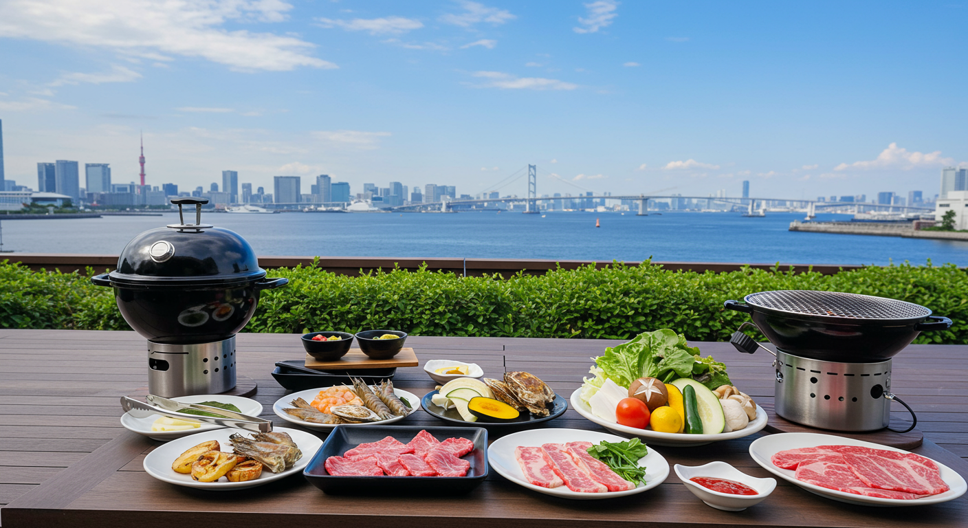 豊洲の美しい景色を背景にしたバーベキュー風景