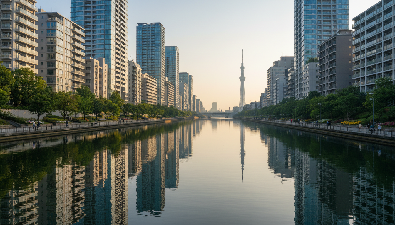 中央区佃エリアの隅田川沿いの風景と高層マンション群