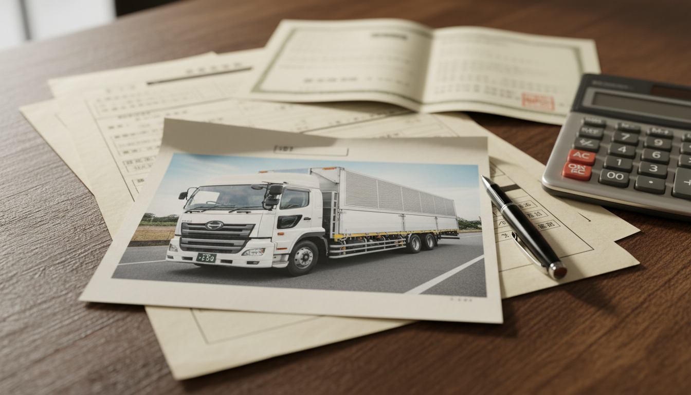 特殊車両通行許可申請書類と車両の写真