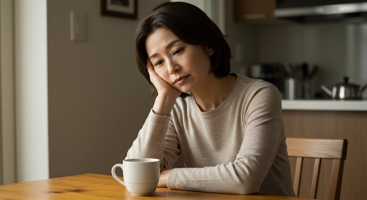日常の疲れを感じる40代女性の様子