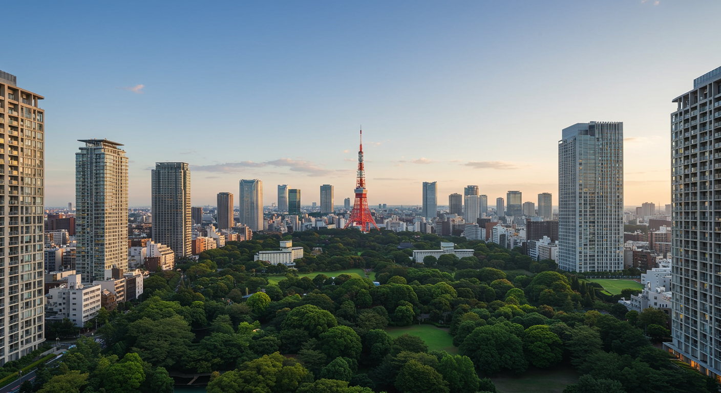 東京タワーを望む芝公園の緑豊かな風景と高級マンション