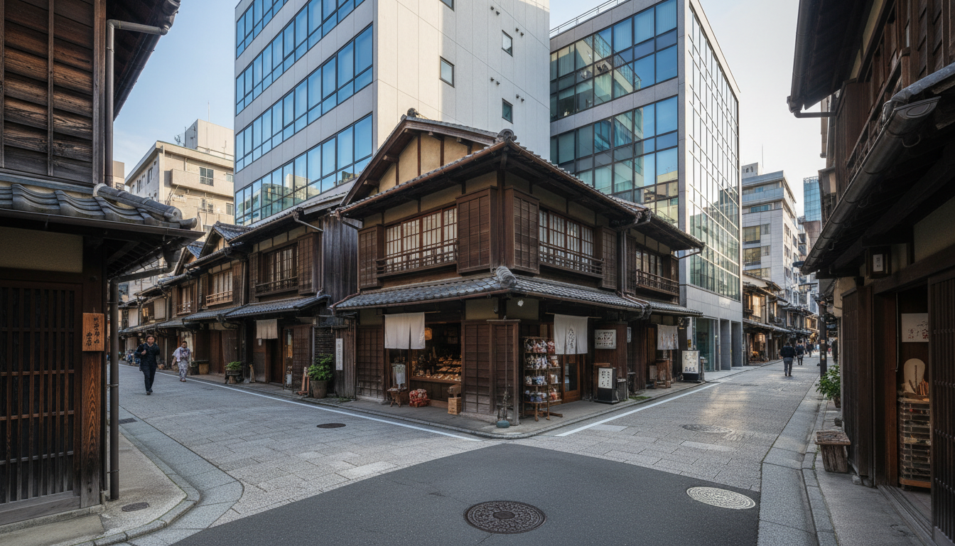日本橋大伝馬町の歴史的な街並みと現代的な建物が調和する風景