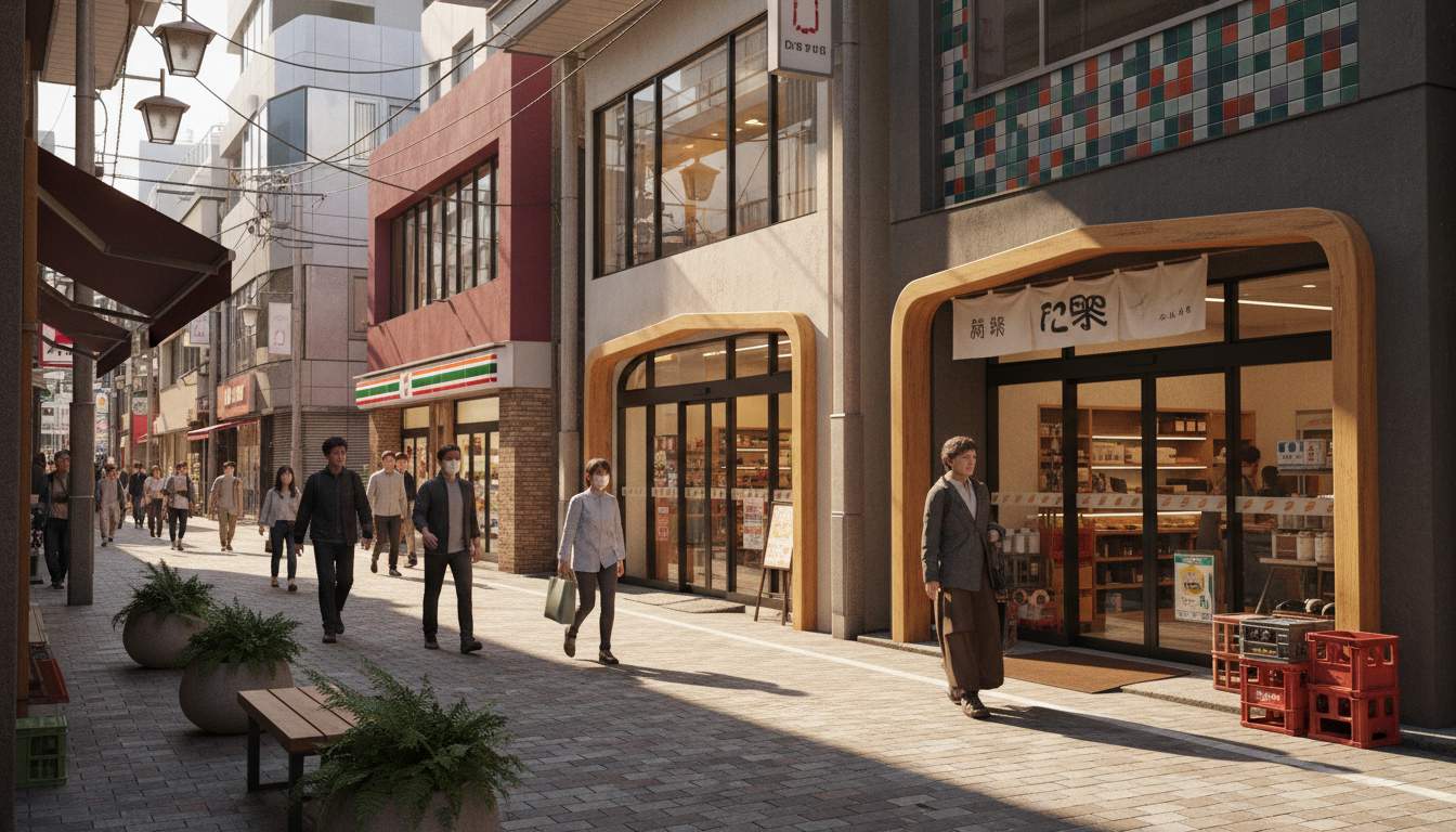 日本橋大伝馬町周辺のコンビニエンスストアとカフェが立ち並ぶ商店街