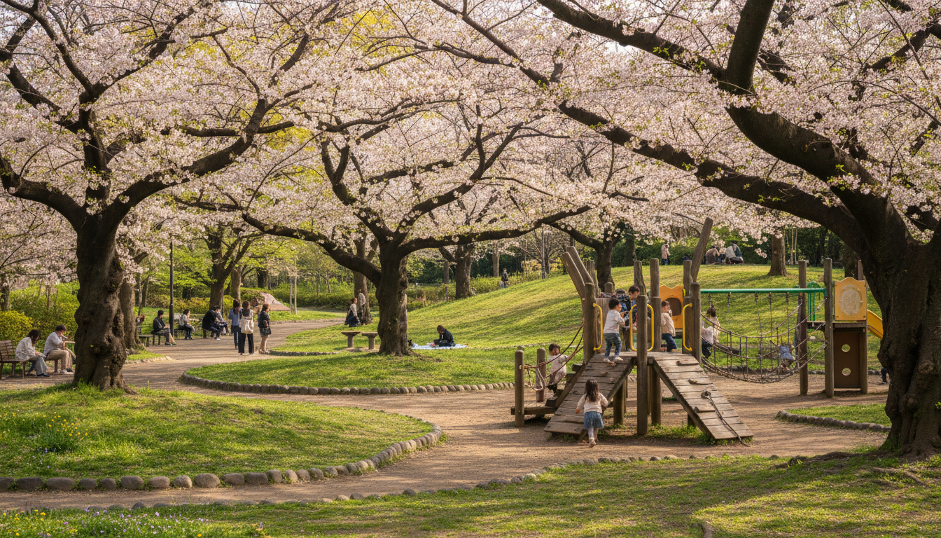 浜町公園の広々とした緑地と子どもたちが遊ぶ遊具エリア
