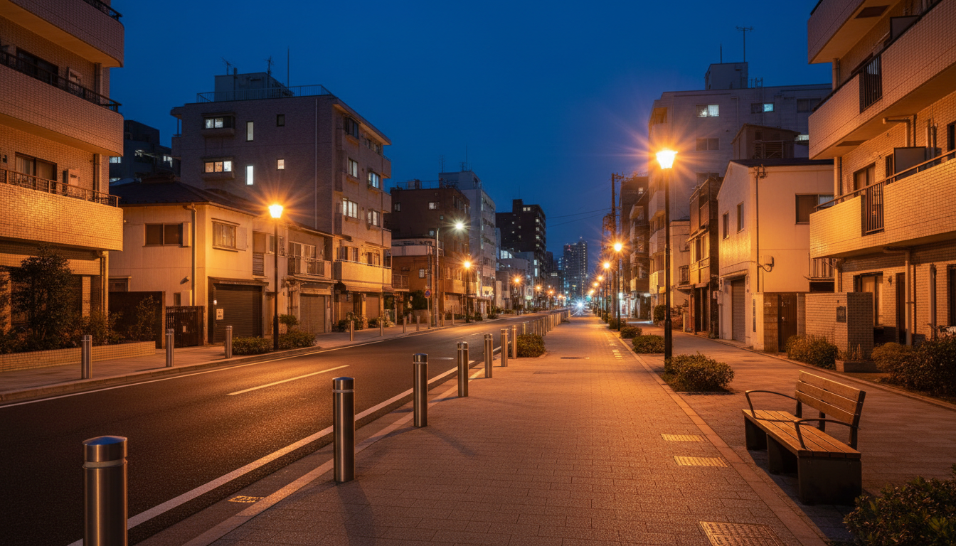 日本橋大伝馬町の整備された歩道と街灯が照らす夜の安全な街並み