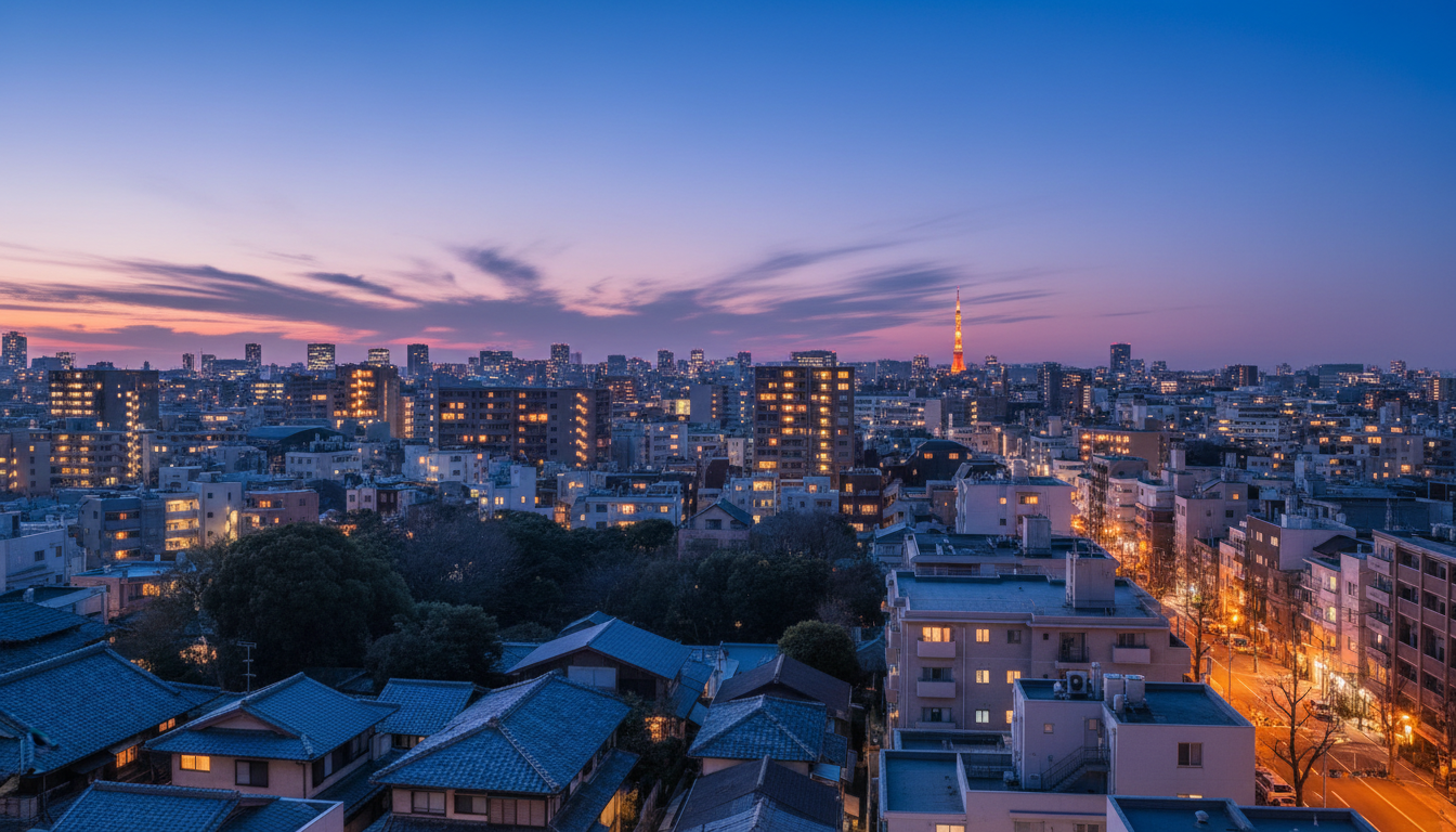 港区三田の夕暮れの街並み