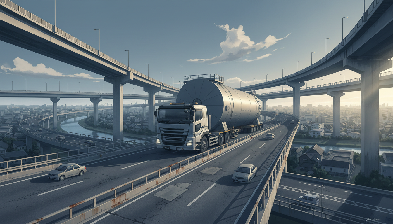 特殊車両通行許可制度の概要を示す道路と大型トラックのイメージイラスト