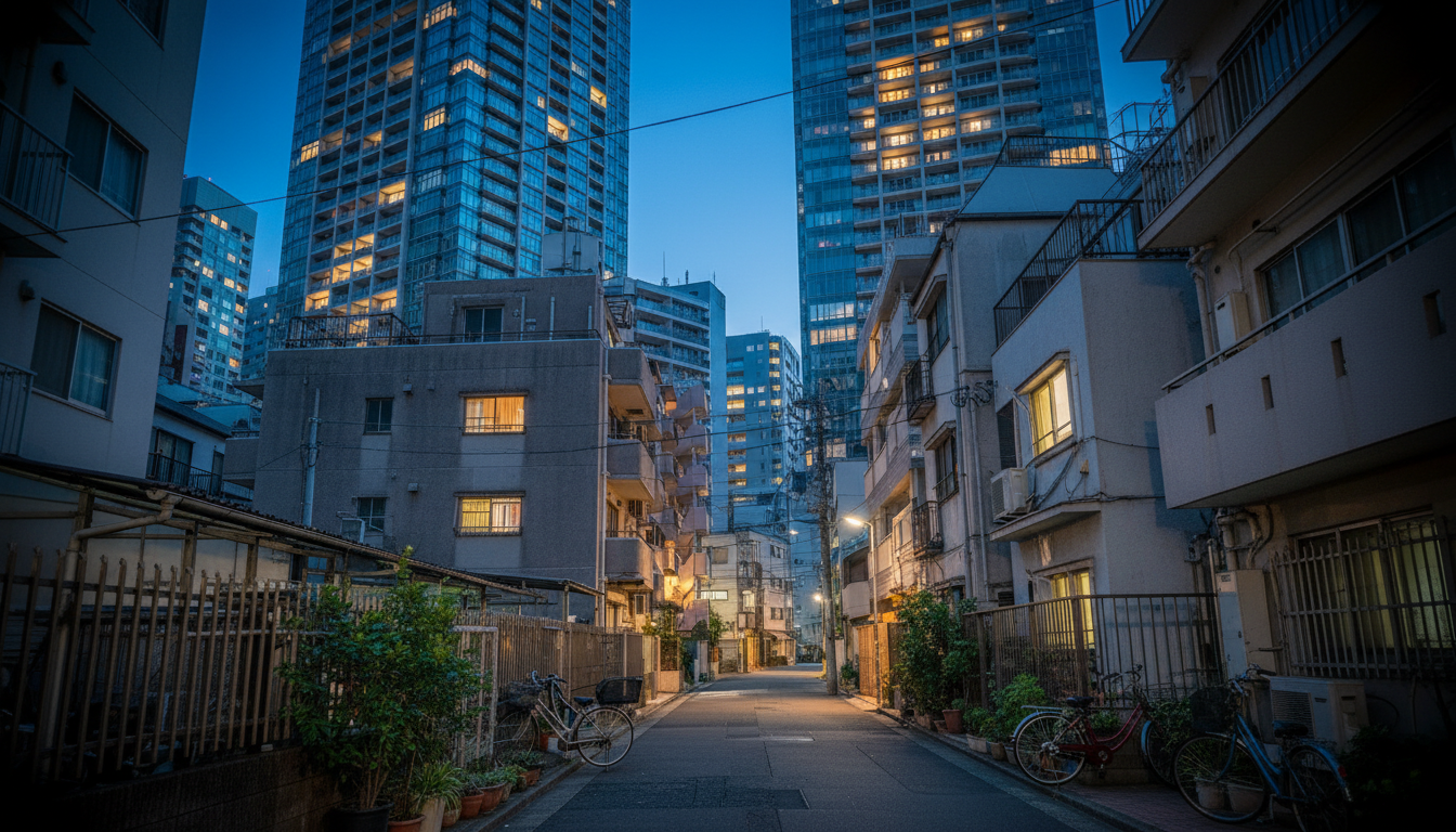 東新橋の多様な賃貸マンションが立ち並ぶ街並み