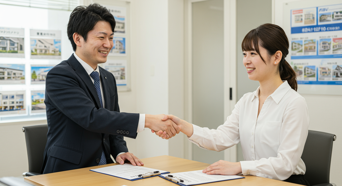 笑顔で契約書を交わす不動産営業マンとお客様