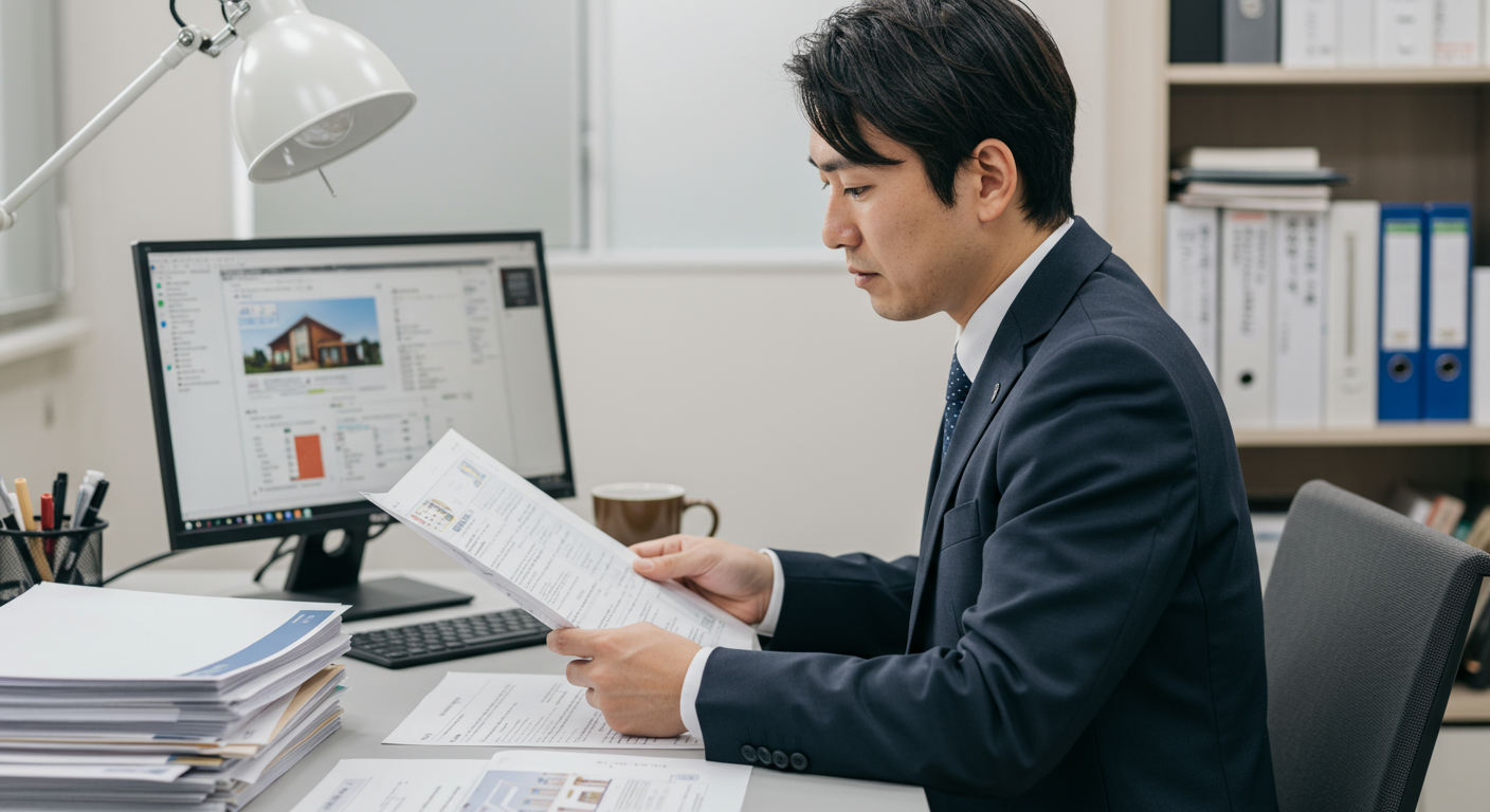 複数の物件資料を検討する不動産営業マン