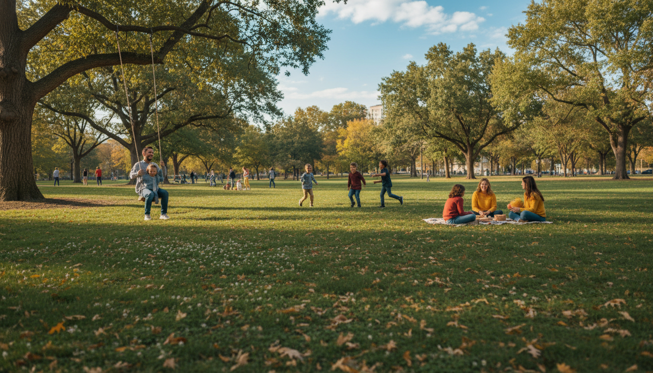 明治神宮外苑の広々とした芝生広場で遊ぶ家族