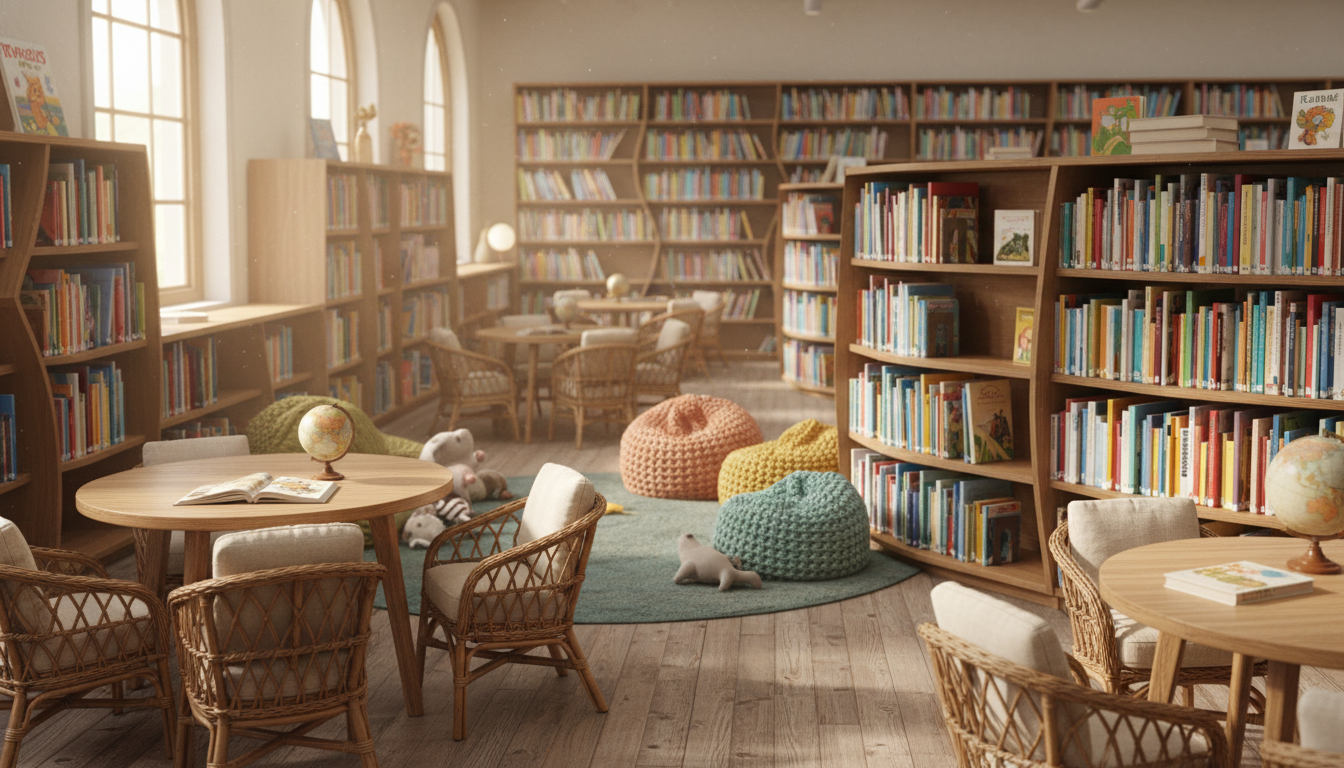 図書館の児童書コーナーで本を読む親子