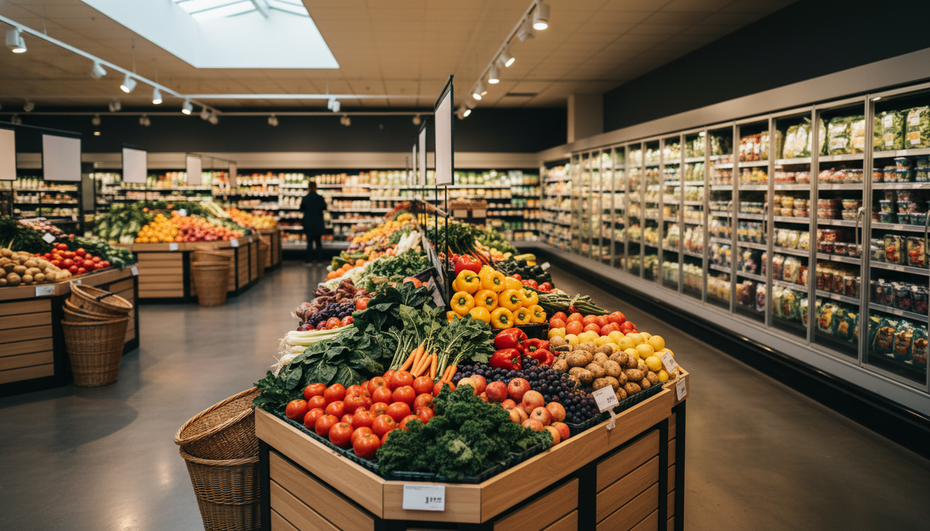 新鮮な野菜や果物が並ぶスーパーマーケットの店内