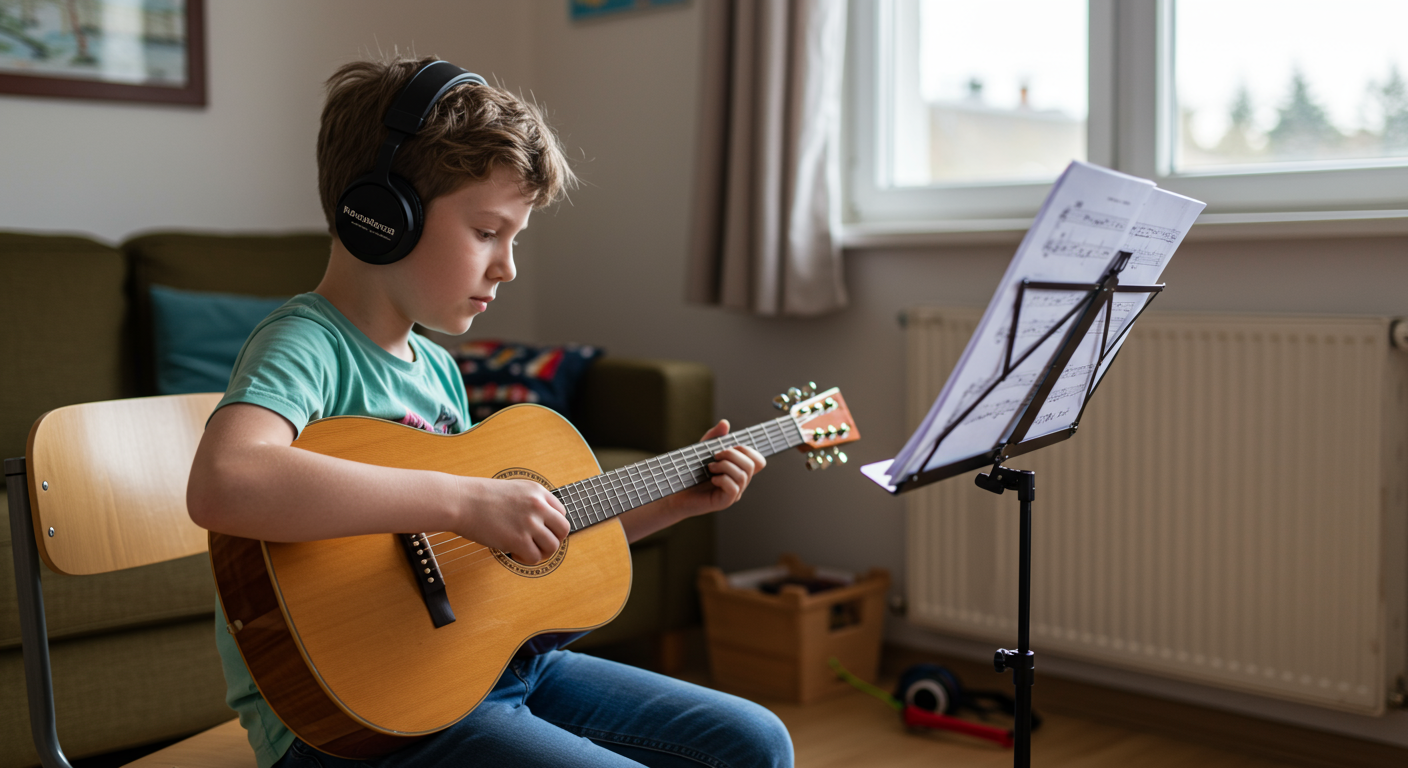 子どもが楽しそうに楽器を練習している様子