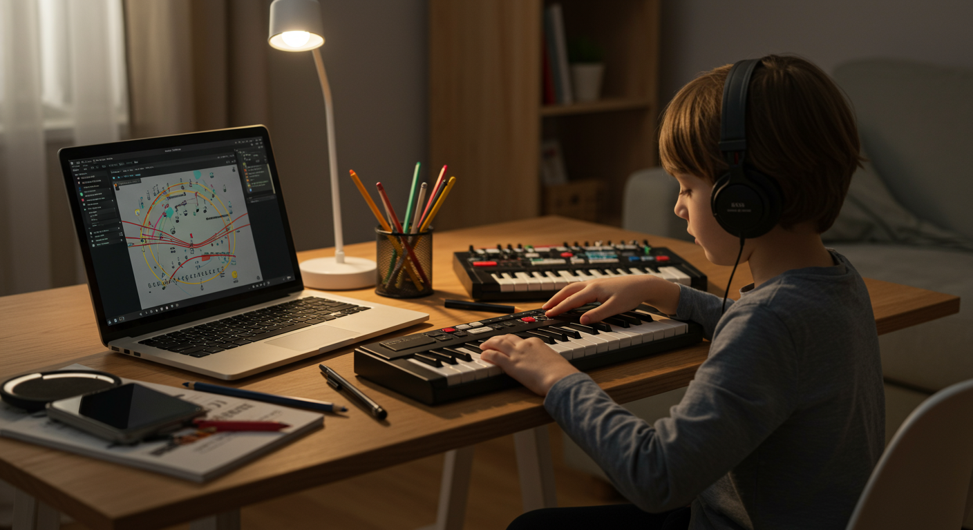 AIと共存しながら創造的な音楽活動をする子どもの様子