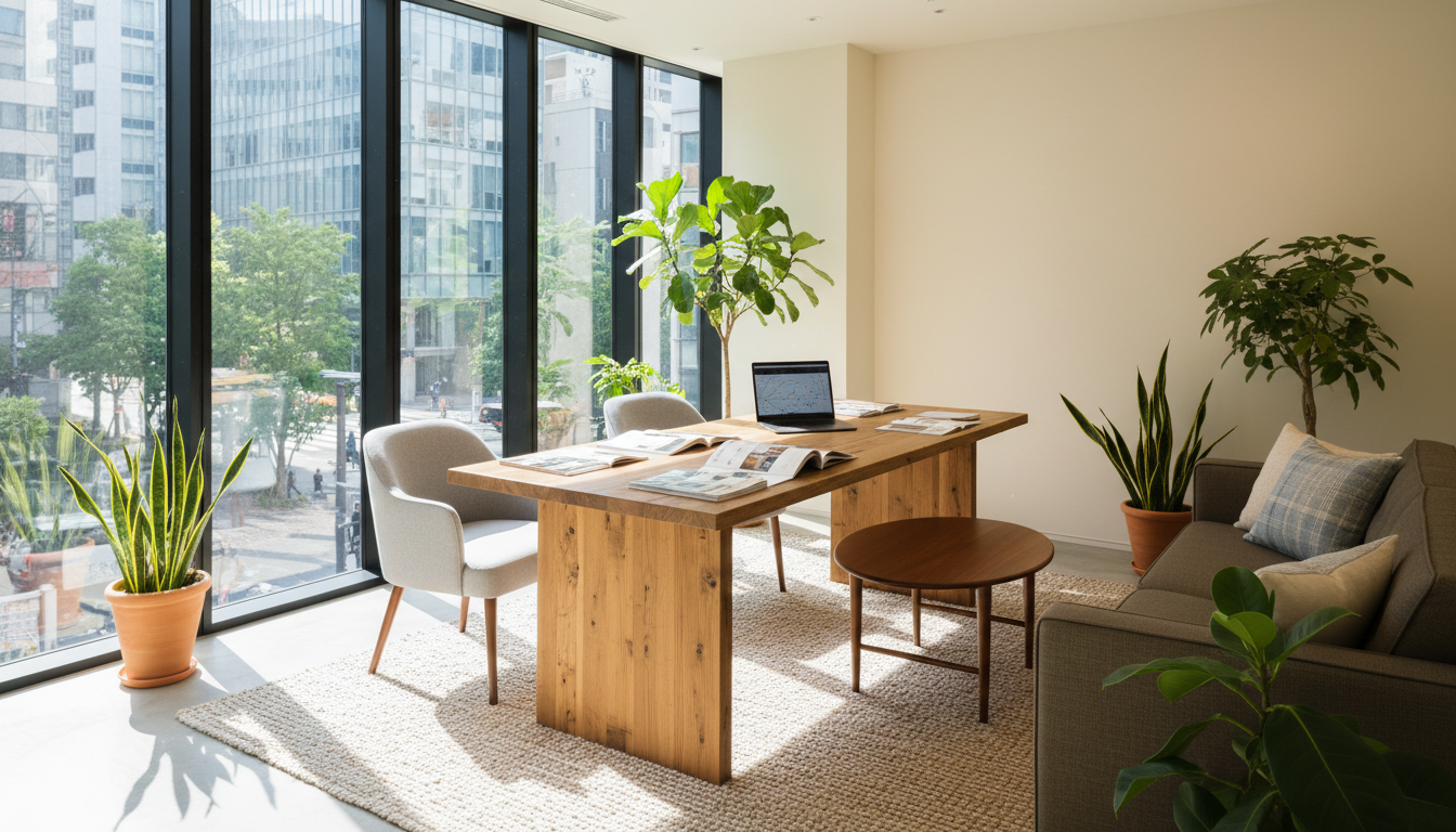 不動産仲介会社のオフィスで物件情報を確認する様子