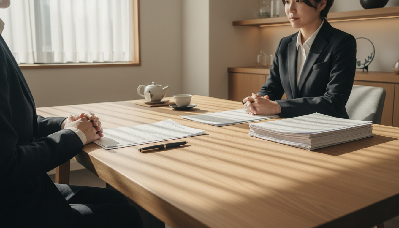 賃貸契約書類と重要事項説明の様子