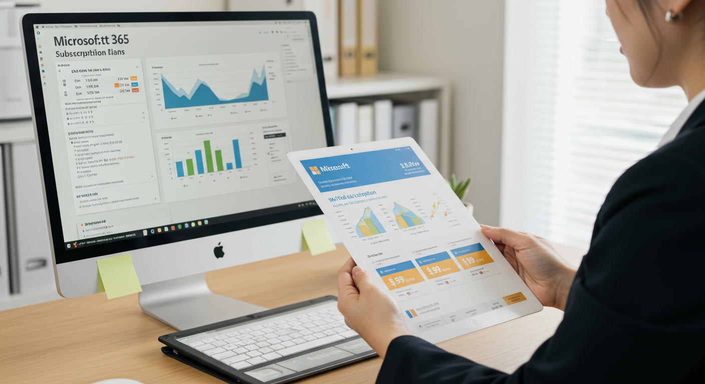 Microsoft 365のさまざまなプランを比較検討するビジネスパーソン
