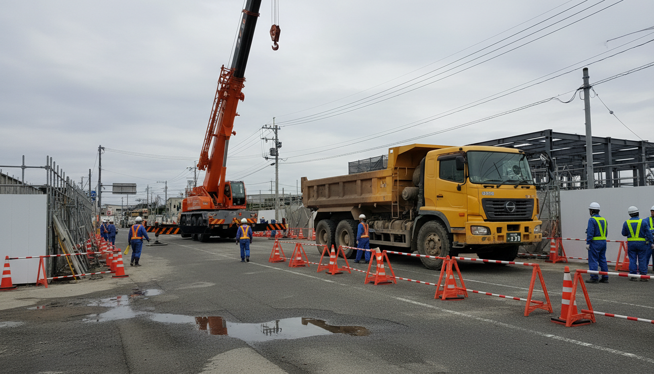 土木現場で使用される特殊車両（クレーン車・大型ダンプ）の通行許可申請イメージ