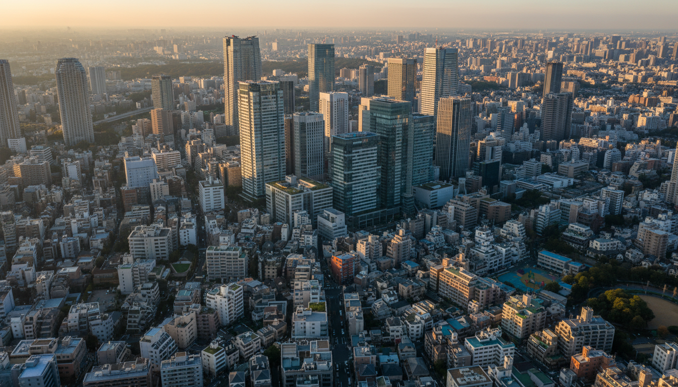六本木の高層マンション街と周辺エリアの住宅街を比較する俯瞰図
