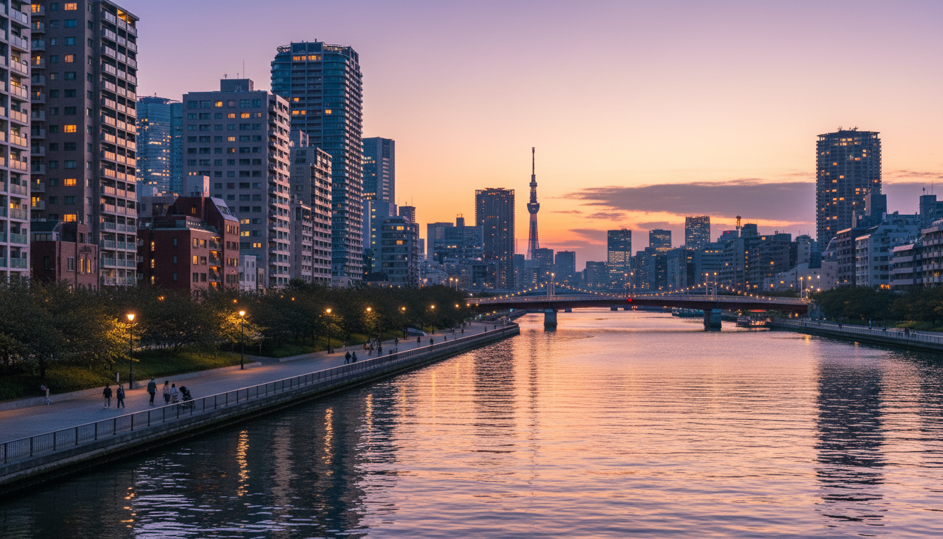 中央区新川エリアの夕暮れの街並みと隅田川