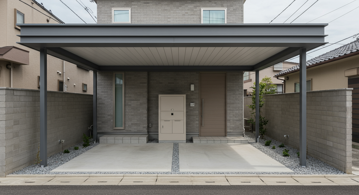 モダンな宅配ボックスとカーポートのある外構