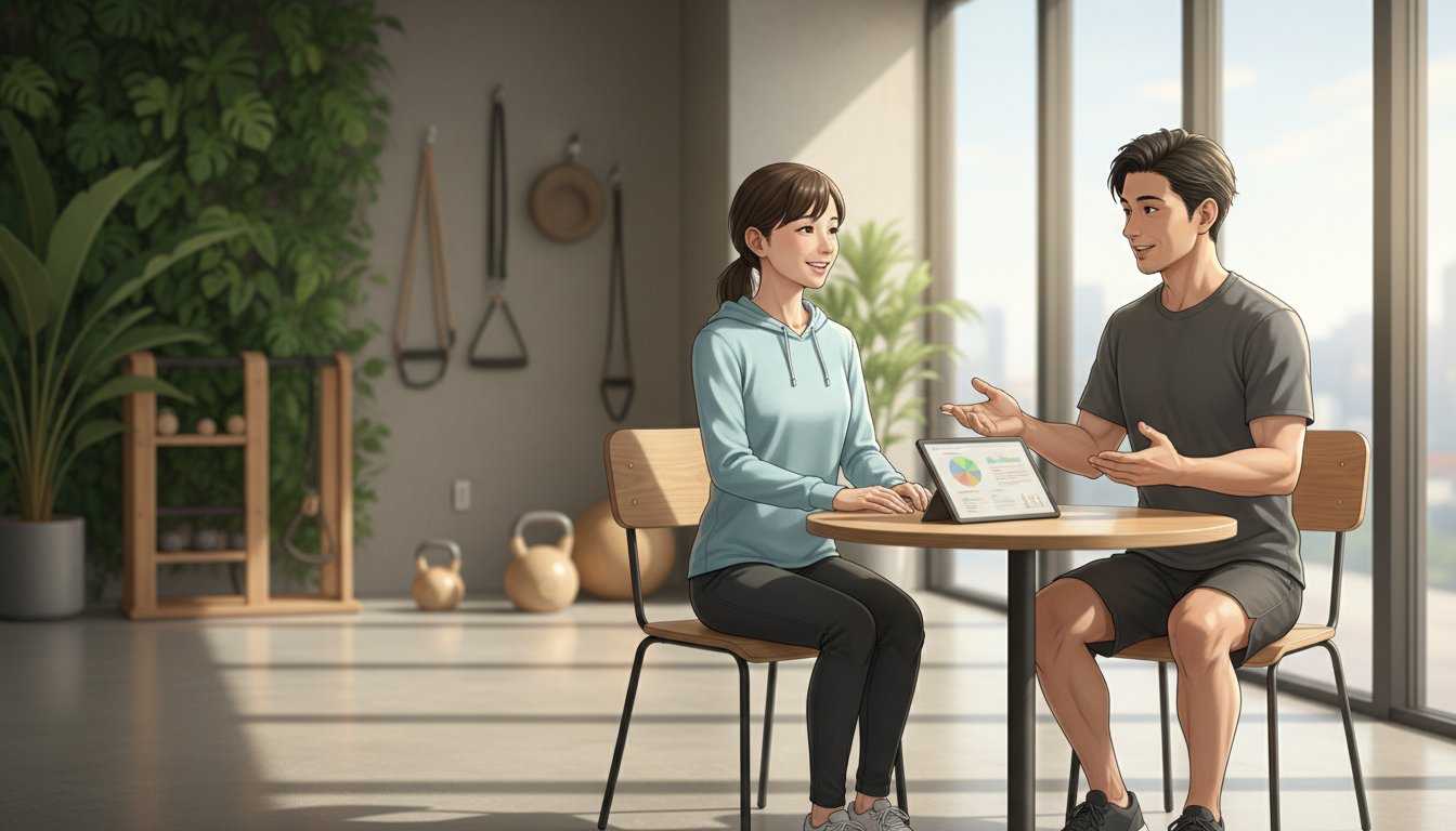 パーソナルトレーナーとカウンセリングを受ける女性