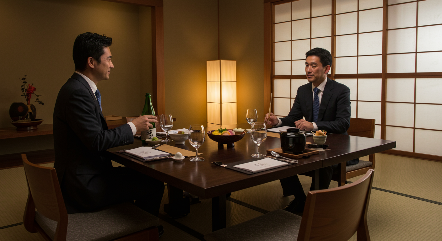 ビジネス会食の様子と洗練された接客シーン