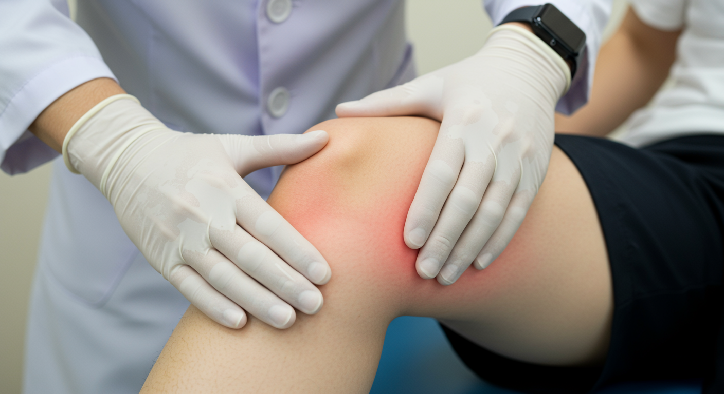 医師による膝の視診と触診の様子