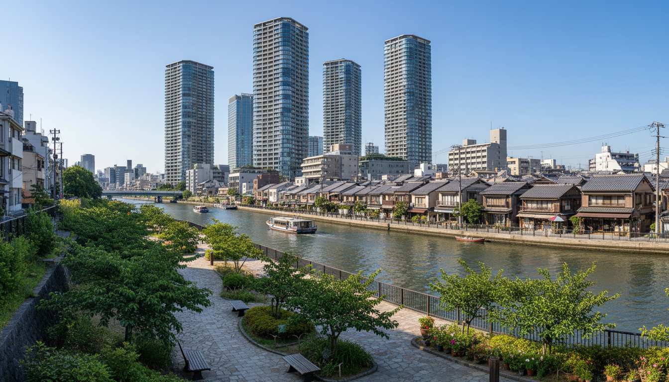 月島エリアの街並みと隅田川の風景