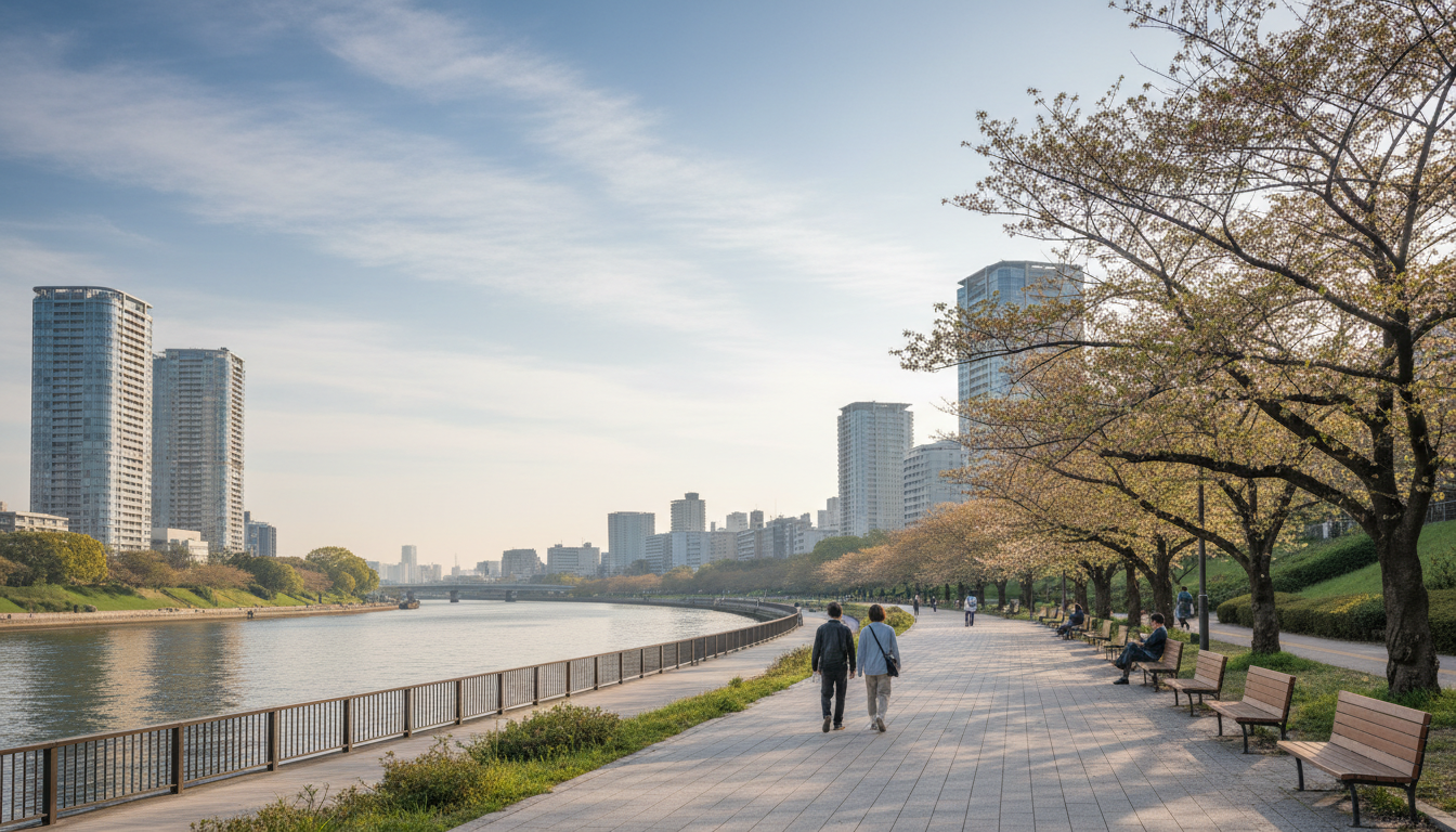 隅田川テラスでの散歩風景