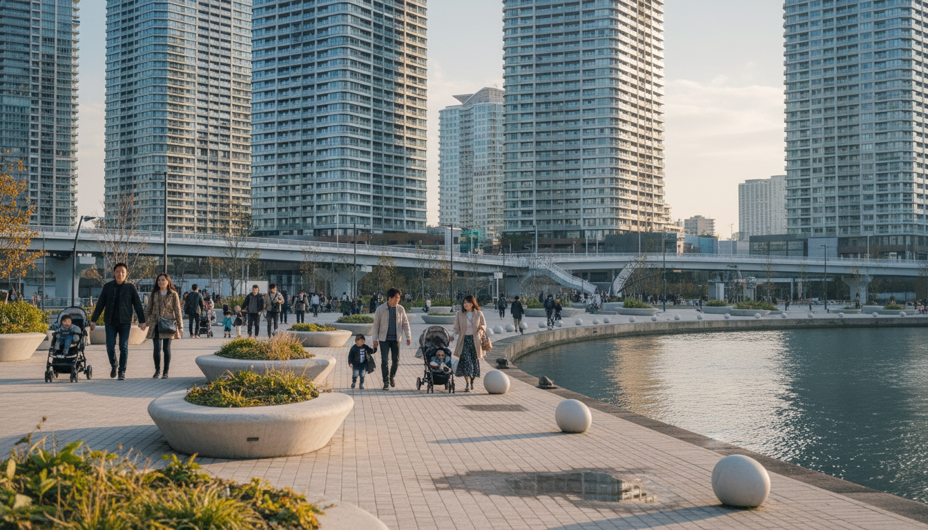 勝どき駅周辺のタワーマンション街と広い歩道