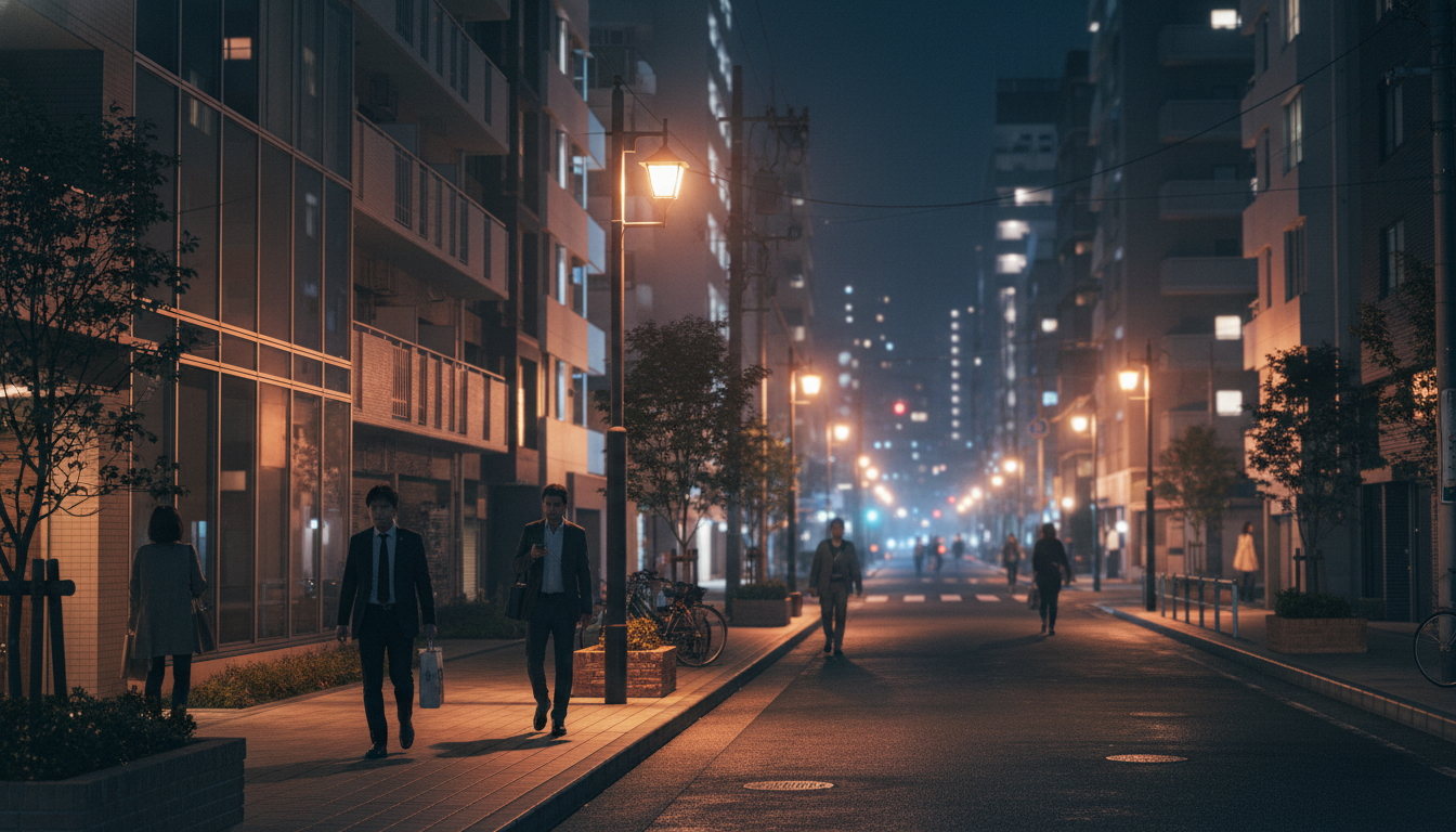 勝どきエリアの夜の街並みと明るい照明