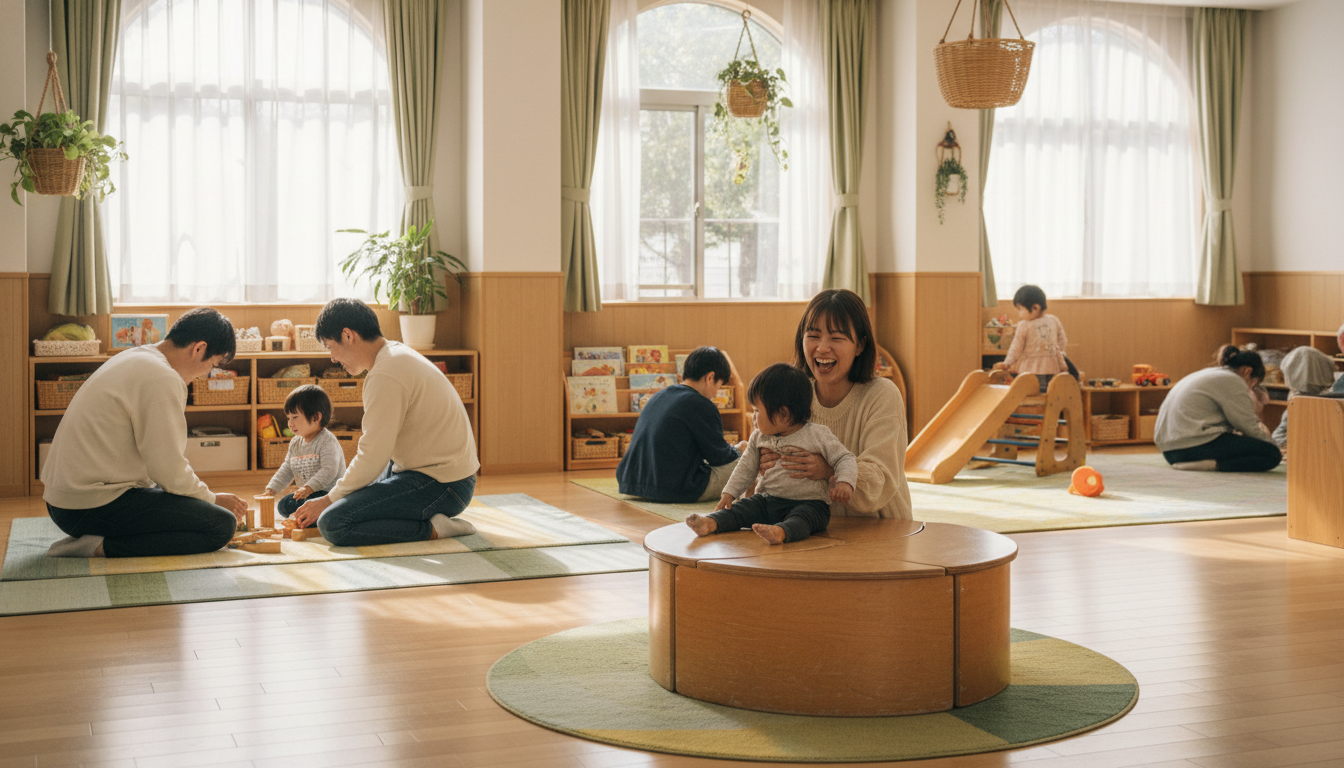 子育て支援センターの明るい室内と親子