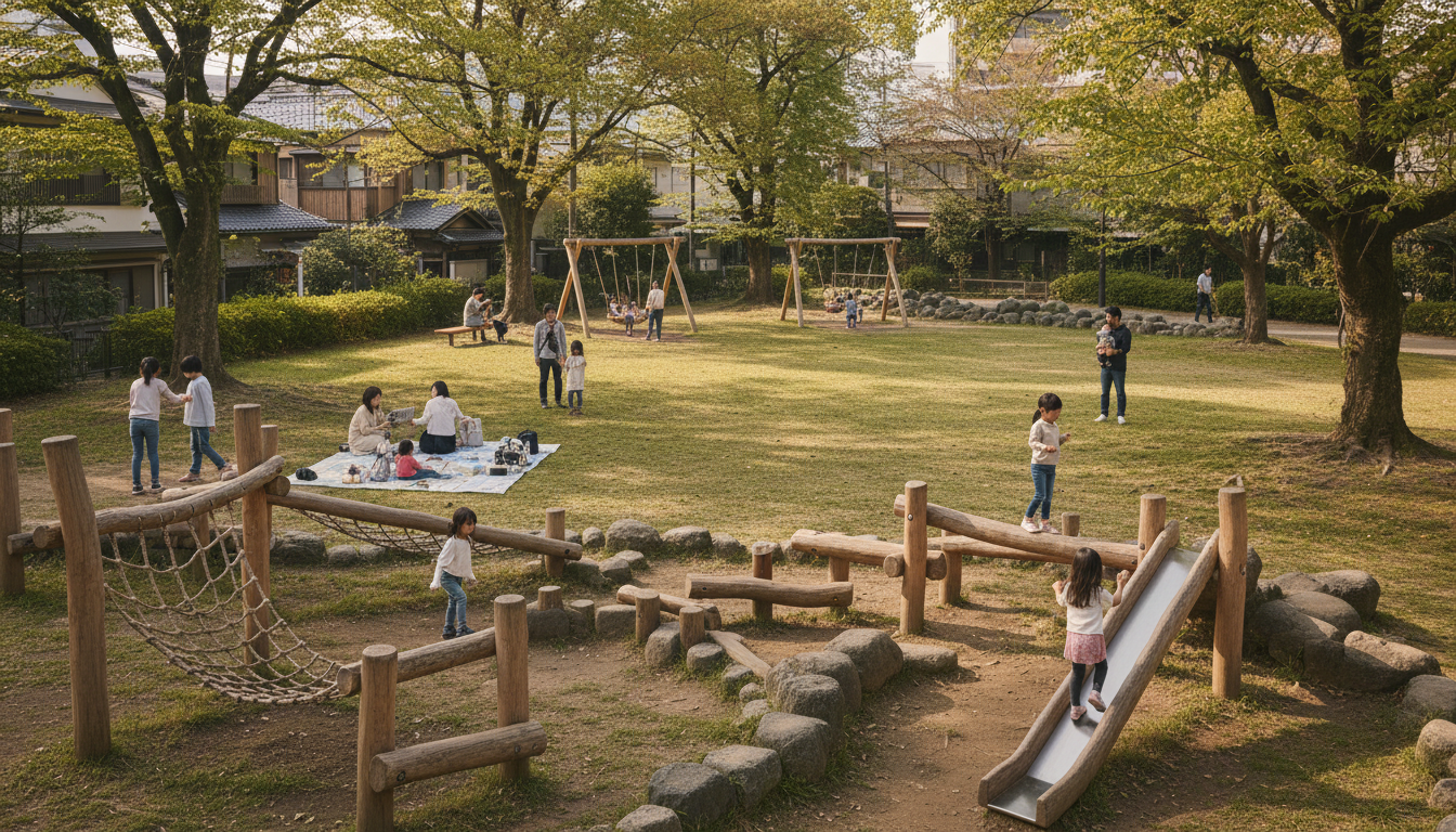 勝どきエリアの公園で遊ぶ家族